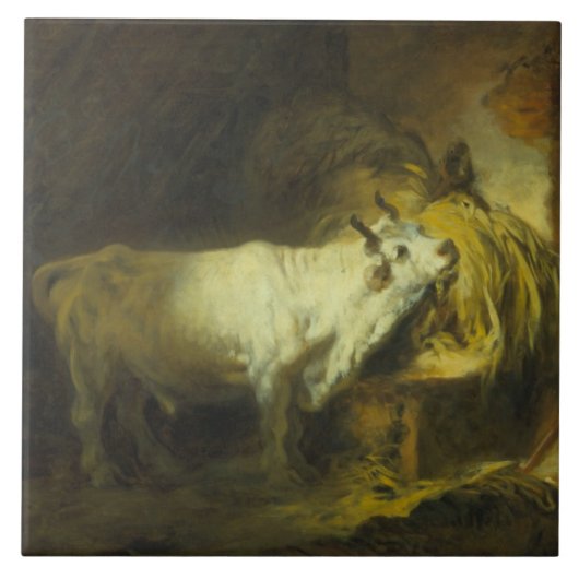 De Witte Bull in de Stable (olie op canvas) Tegeltje (Voorkant)