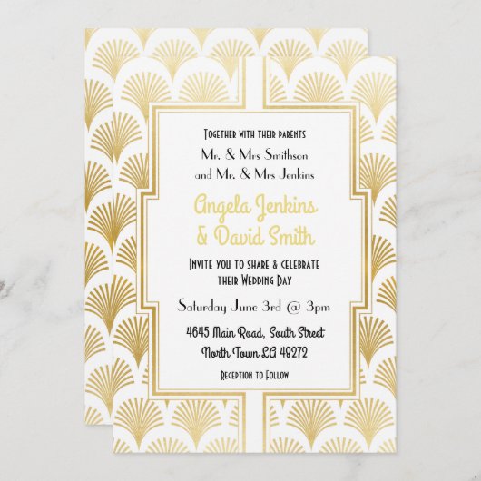 De witte en goudkunst van 1920 deco Fan Gatsby Wed Kaart (Voorkant / Achterkant)