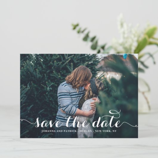 De witte Foto van het Manuscript van de Calligrafi Save The Date (Staand voorkant)