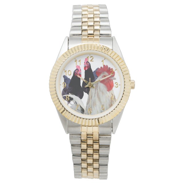 De witte haan en zijn zwarte kippen horloge (Voorkant)
