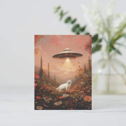 De witte kat en een ufo briefkaart (Staand voorkant)