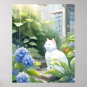 De witte kat in de regen poster