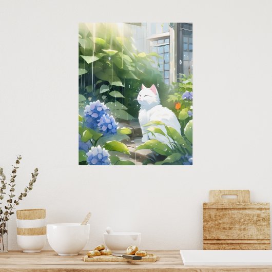 De witte kat in de regen poster (Keuken)