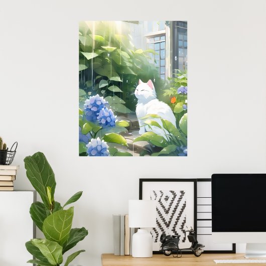 De witte kat in de regen poster (Thuiskantoor)