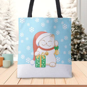 De witte Kat van Kerstmis in Red Hat Tote Bag