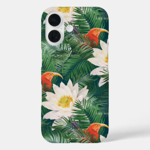 De witte Lotus Tropische Vogels & Lotus Patroon iPhone 16 Hoesje