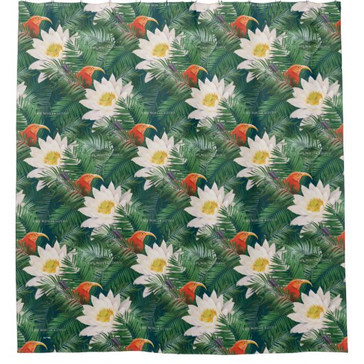 De witte Lotus Tropische Vogels & Lotus Patroon Douchegordijn (Voorkant)