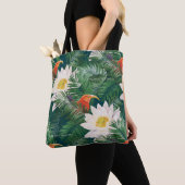 De witte Lotus Tropische Vogels & Lotus Patroon Tote Bag (Dichtbij)