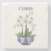 De witte orchidee in de Chinoiserie Bowl Stenen Onderzetter (Voorkant)