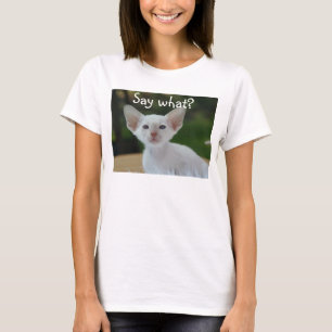 De witte T-shirt van de kat, zegt wat?