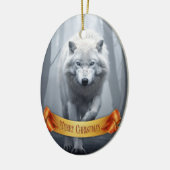 De witte wolf in het mistige bos keramisch ornament (Links)