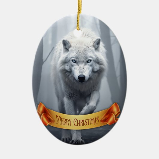 De witte wolf in het mistige bos keramisch ornament (Voorkant)
