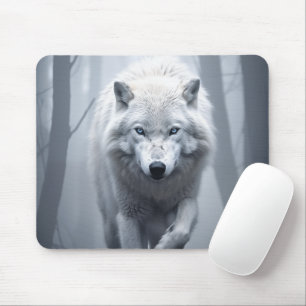 De witte wolf in het mistige bos muismat