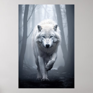 De witte wolf in het mistige bos poster