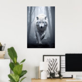 De witte wolf in het mistige bos poster (Thuiskantoor)