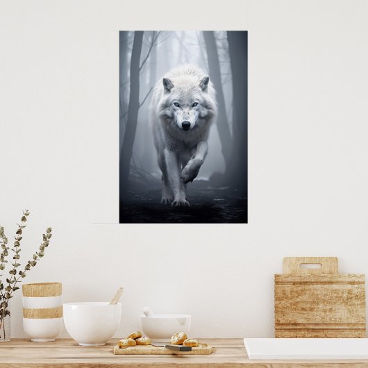 De witte wolf in het mistige bos poster (Keuken)