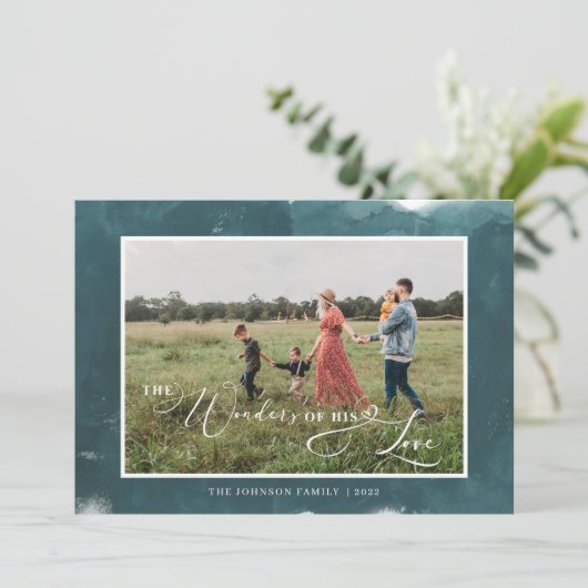 De Wonders's van Zijn Liefde Foto Blauwgroen Kerst Feestdagenkaart (Staand voorkant)