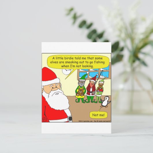 De x81 Santa's elf is al aan het vissen? Cartoon Feestdagenkaart (Staand voorkant)