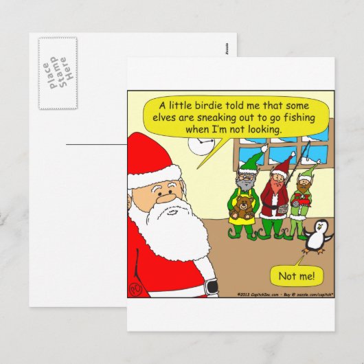 De x81 Santa's elf is al aan het vissen? Cartoon Feestdagenkaart (Voorkant / Achterkant)