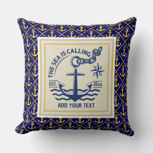 De Zee Roept Aangepaste Naam Anker Navyblauw Kussen
