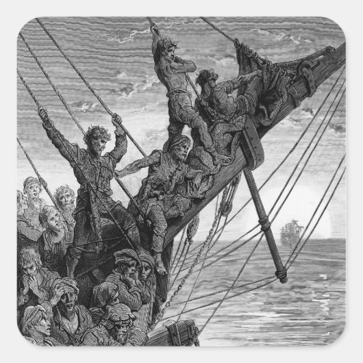 De zeelieden zien in de verte een spookschip vierkante sticker (Voorkant)