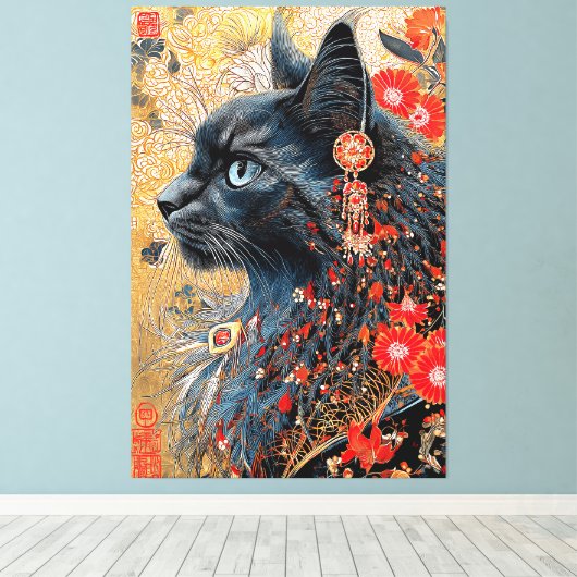 De Zen kat | Japans Ukiyo-e Canvas Afdruk (Insitu (Houten vloer))