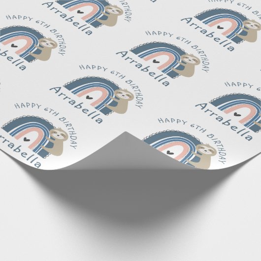 De zesde verjaardag van Cute Sloth Rainbow Girl Cadeaupapier (Hoek)