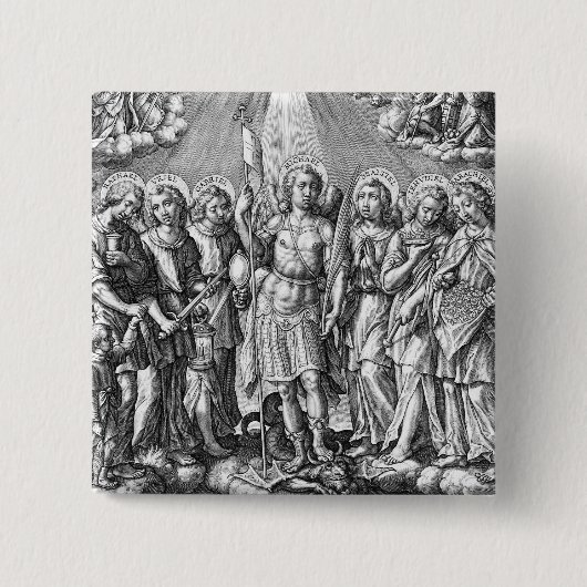 De zeven Archangels (M 034; Engraving) Vierkante Button 5,1 Cm (Voorkant)