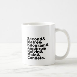 De zeven SI-basiseenheden en -metingen in de weten Koffiemok