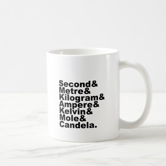 De zeven SI-basiseenheden en -metingen in de weten Koffiemok (Rechts)