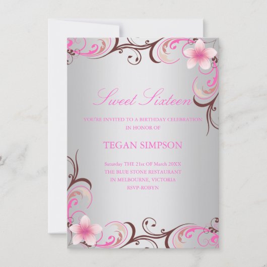 De zilveren Verjaardag Frangipani Zoete Zestien Kaart (Voorkant)