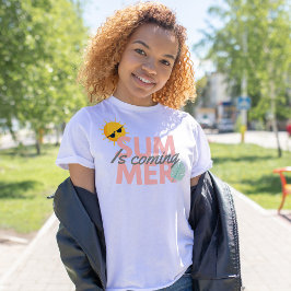 De zomer komt roze en grijze typografie en blad t-shirt