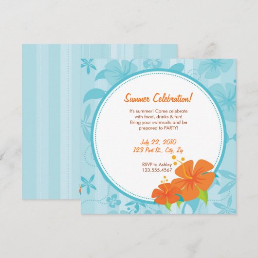 De zomerpartij nodigt uit : Blauw en Oranje Hibisc Kaart (Voorkant / Achterkant)