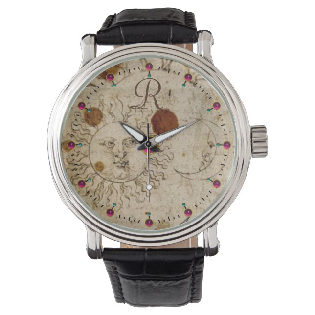 DE ZON EN MOON, ANTIEK PARCHTIEMONOGRAM HORLOGE (Voorkant)