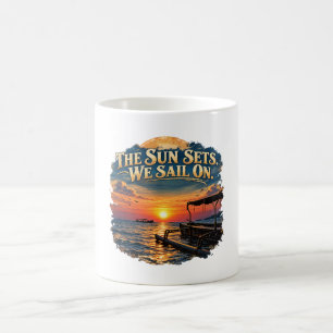 De Zon Gaat Onder. Wij Zeilen Door Vintage Oceaan Koffiemok