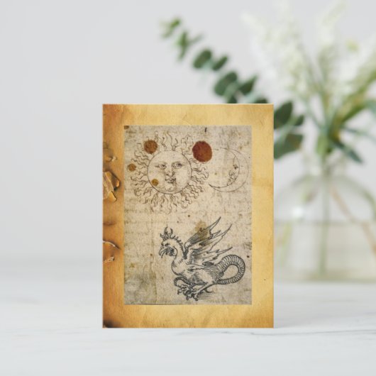 DE ZON ,MOON EN BASILISK ANTIEK PERKAMENT BRIEFKAART (Staand voorkant)