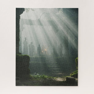 De zon schijnt op de mystieke oude tempel legpuzzel