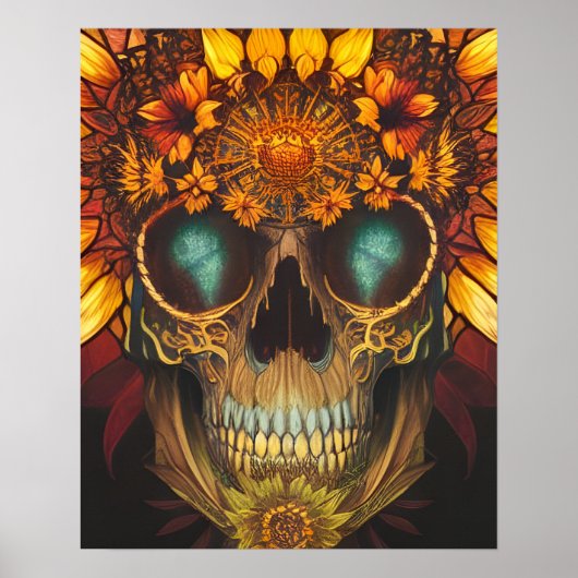 De zonnebloem-schedel Fantastische kunst Poster (Voorkant)