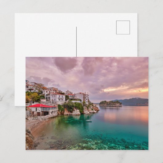 De zonsopgang in de oude haven van Skiathos, Griek Briefkaart (Voorkant / Achterkant)