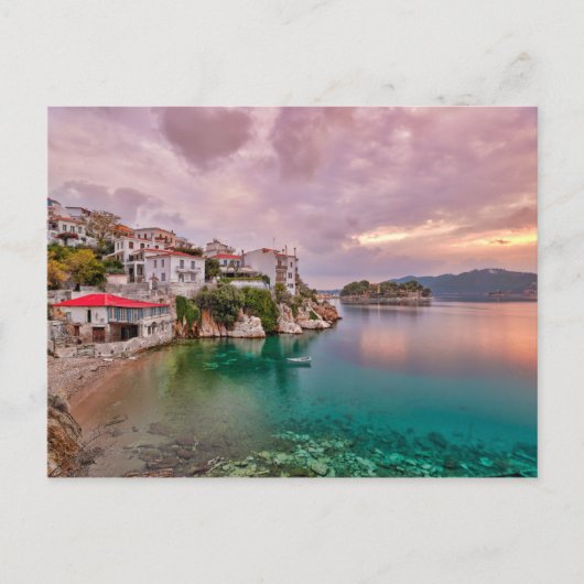 De zonsopgang in de oude haven van Skiathos, Griek Briefkaart (Voorkant)