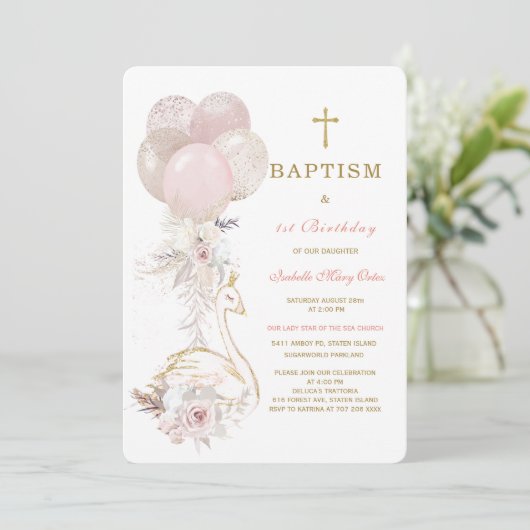 De zwaan prinses doop en eerste verjaardag kaart (Staand voorkant)