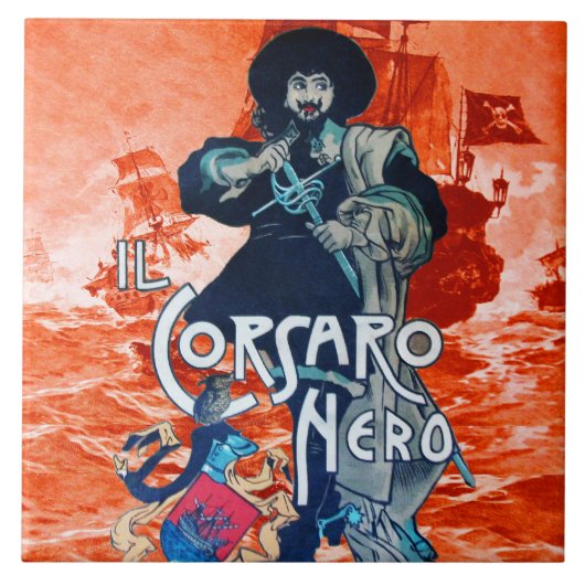 DE ZWARTE CORSAIR/Pirate Ship Battle in Red Tegeltje (Voorkant)