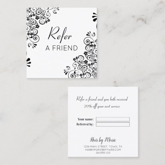 De zwarte en Witte Floral Rol Verwijs een Vriend Aanbevelingskaartje (Voorkant / Achterkant)