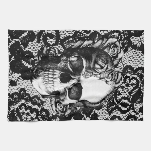 De zwarte en witte rozenschedel op de achtergrond  theedoek (Horizontaal)