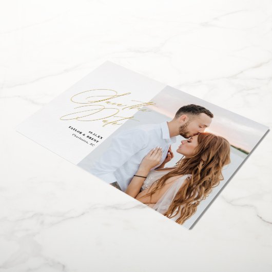 De zwarte Foto van het Manuscript sparen de Datum  Folie Uitnodiging (Gedraaid)