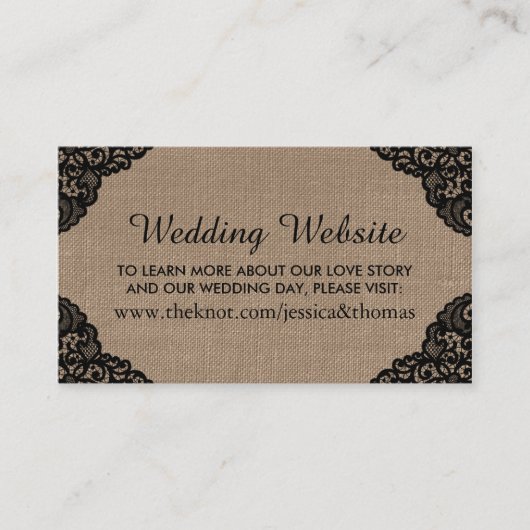 De zwarte kant op rustieke burlap bruiloft website informatiekaartje (Voorkant)