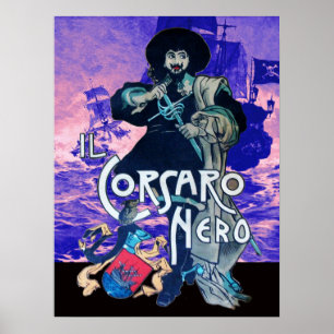 DE ZWARTE KORSAAR /Piraten Scheepsgevecht In Blauw Poster