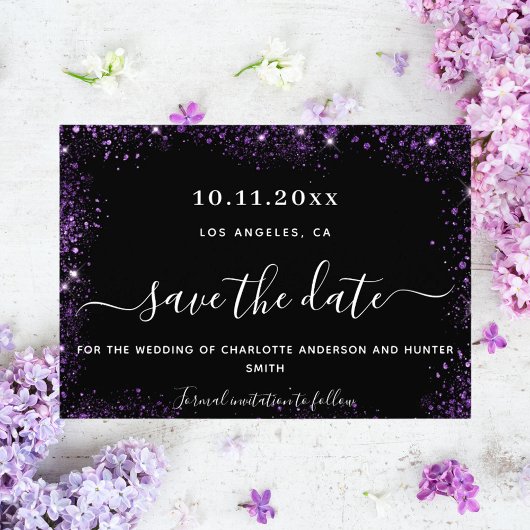 De zwarte paarse glitter van het huwelijk bewaart  save the date