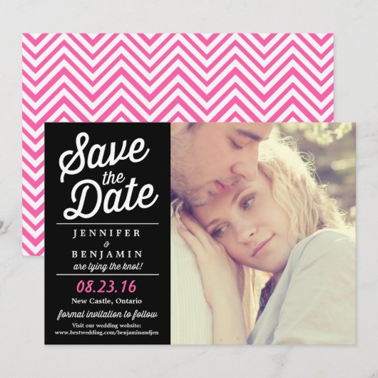 De zwarte & Roze Foto Retro van het Manuscript spa Save The Date (Voorkant / Achterkant)