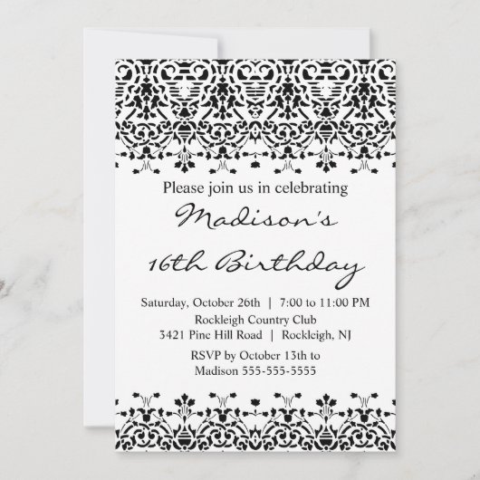 De zwarte Uitnodiging van Zestien Verjaardag van (Voorkant)
